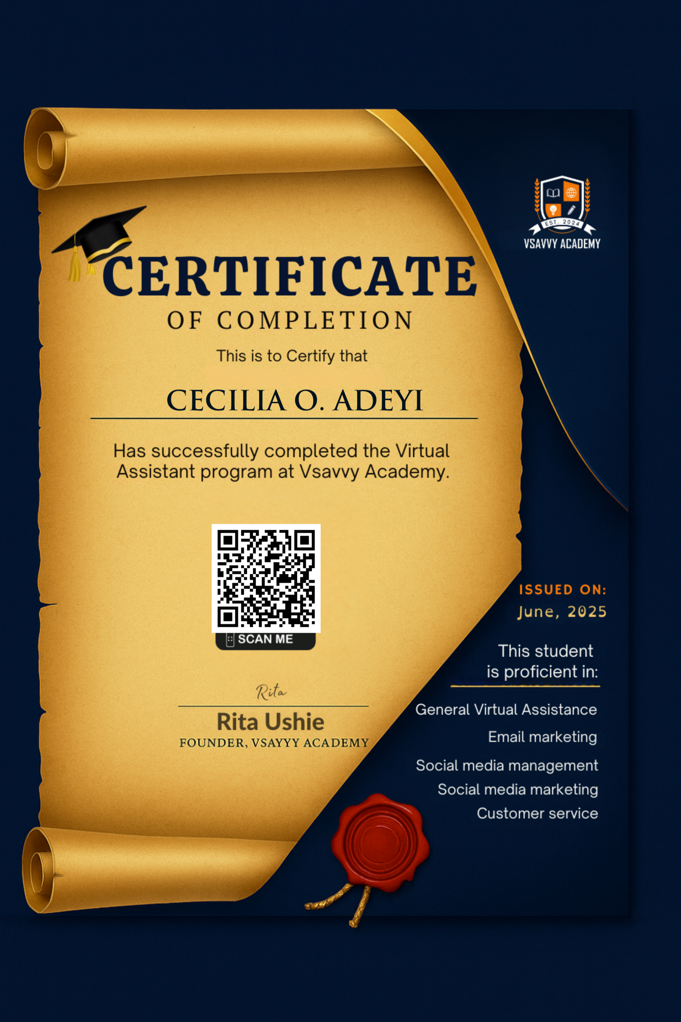 Certificate for Cecilia O. Adeyi