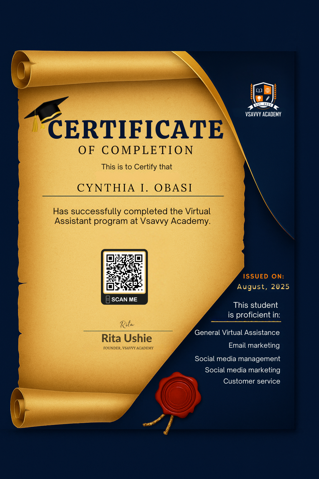 Certificate for Cynthia I. Obasi