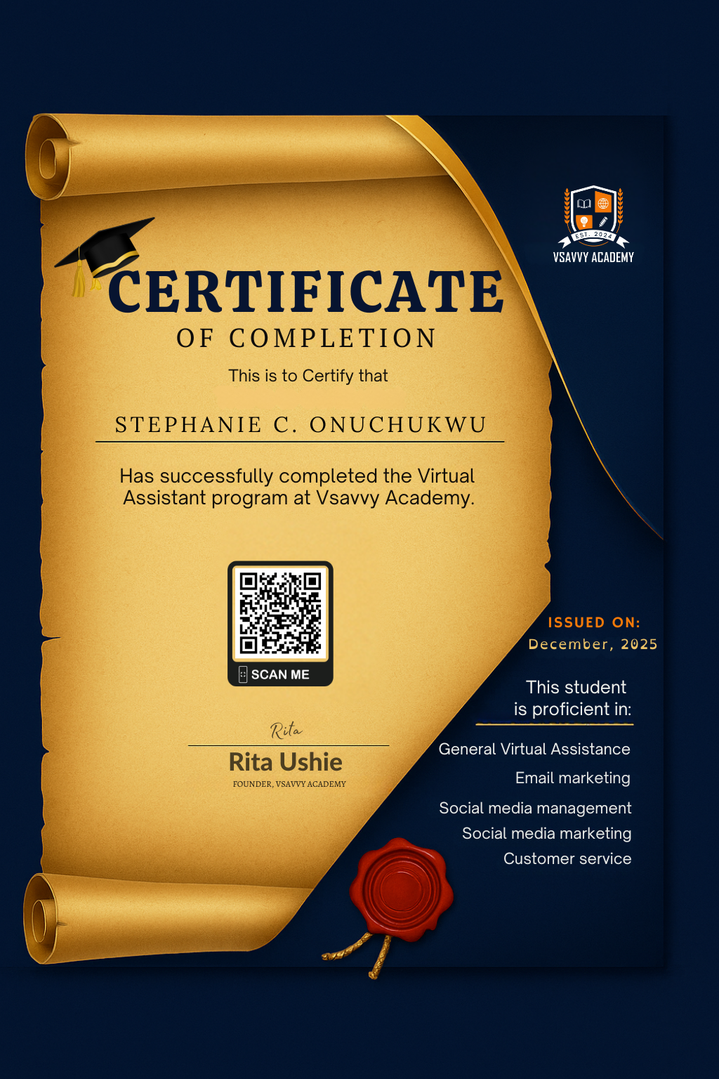 Certificate for Stephanie C. Onuchukwu